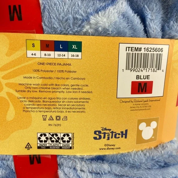 Disney Stitch One Piece Pajama Women’s Medium Blue Plush Hooded Onesie NWT - Picture 4 of 6